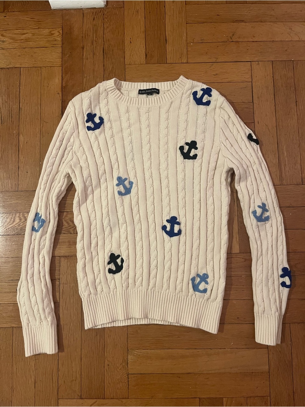 Kiel James Patrick Cream Cable-Knit Crewneck Sweater with Blue Anchor Embroidery